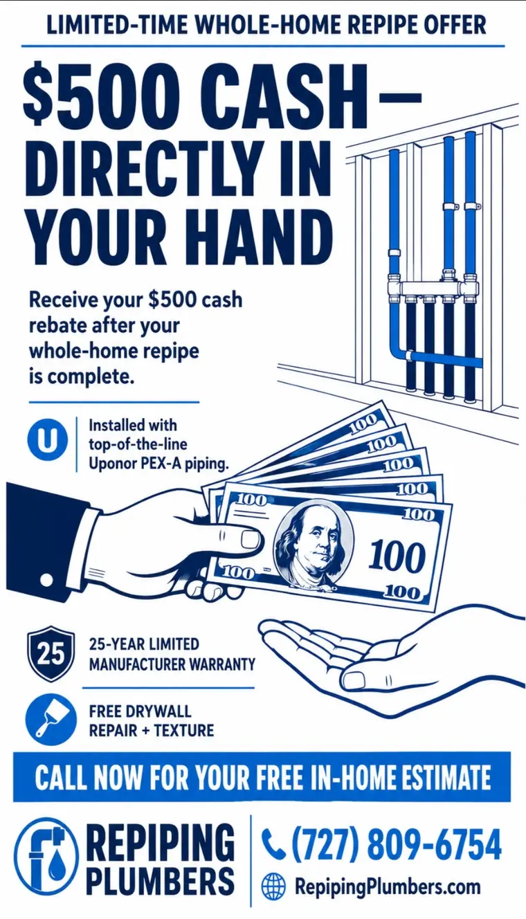$500 cash rebate whole-home repipe offer with Uponor PEX-A, 25-year manufacturer warranty, and free drywall repair and texture