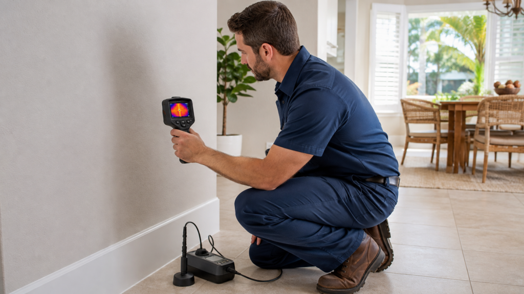 Professional plumber using thermal imaging equipment to detect a hidden plumbing leak in a Tampa Bay home
